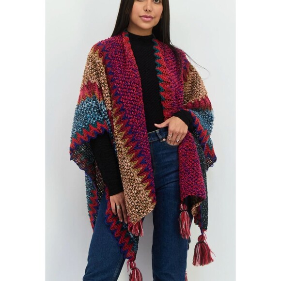 NATURAL LIFE OS Crochet Knit Sweater Shawl Poncho Boho Act Poly Wool Fall y - Picture 2 of 8